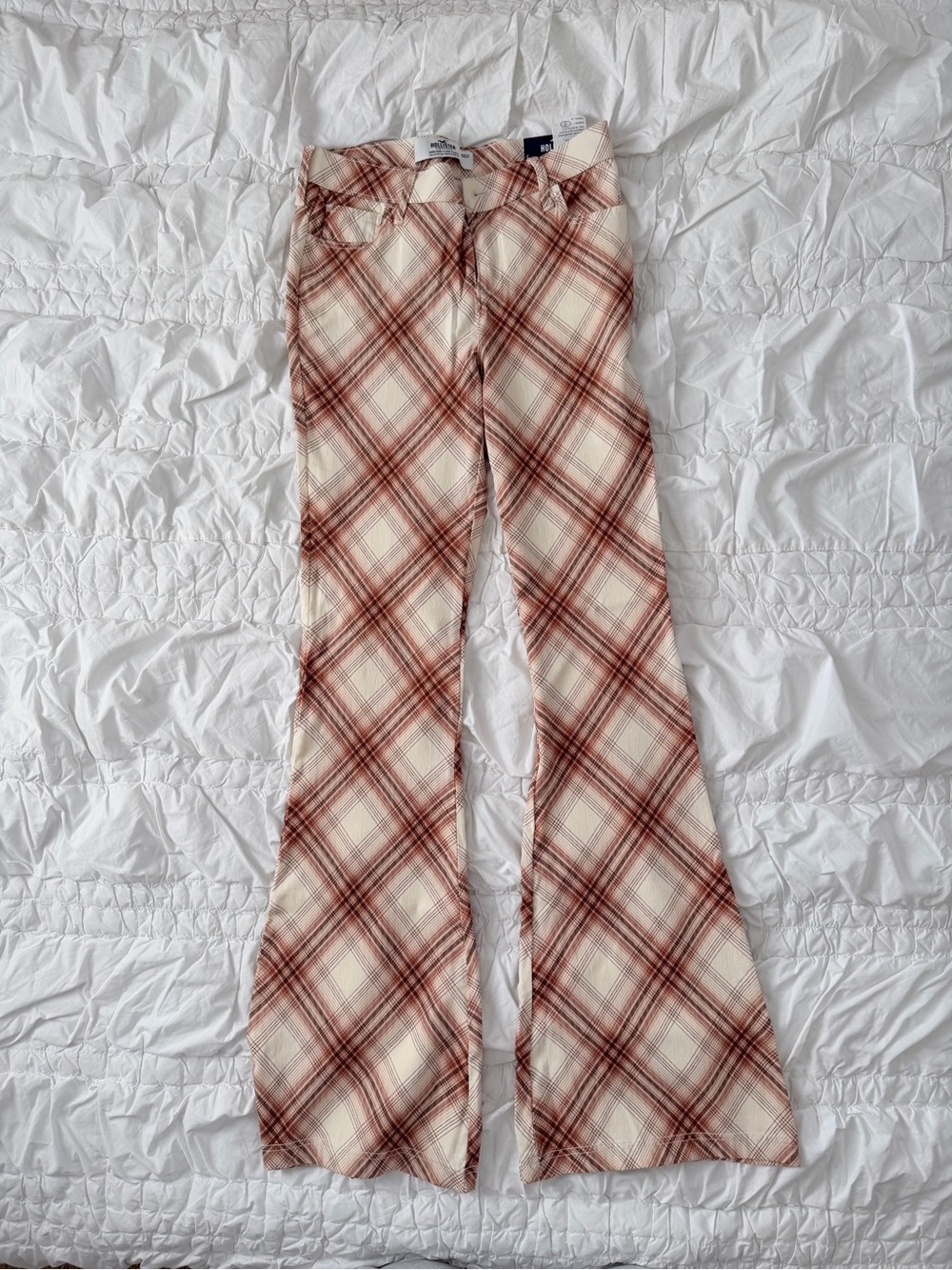 Hollister Women's Hire Rise Flare Cream & Rust Plaid Pants NWT